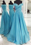 A Line Off The Shoulder Sleeveless Sweep Train Satin Prom Dresses