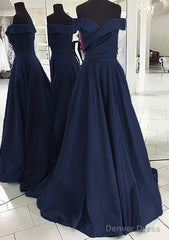 A-line/Princess Off-the-Shoulder Sleeveless Sweep Train Satin Prom Dresses