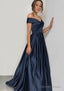 A Line Off The Shoulder Sleeveless Sweep Train Satin Prom Dresses With Pleated