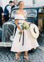 A Line Off The Shoulder Sleeveless Tea Length Satin Bridesmaid Dresses With Low Back