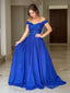 A Line Off The Shoulder Sweep Train Elastic Woven Satin Prom Dresses With Appliques Lace