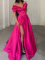 A Line Off The Shoulder Sweep Train Satin Prom Dresses With Leg Slit