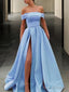 A Line Off The Shoulder Sweep Train Satin Prom Dresses With Leg Slit