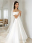 A Line Off The Shoulder Sweep Train Satin Wedding Dresses