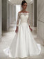 A Line Off The Shoulder Sweep Train Satin Wedding Dresses With Belt Sash