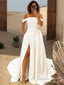 A Line Off The Shoulder Sweep Train Satin Wedding Dresses With Leg Slit