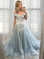 A Line Off The Shoulder Sweep Train Tulle Prom Dresses With Appliques Lace
