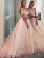 A Line Off The Shoulder Sweep Train Tulle Prom Dresses With Ruffles