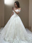 A Line Off The Shoulder Sweep Train Tulle Wedding Dresses With Appliques Lace