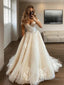 A Line Off The Shoulder Sweep Train Tulle Wedding Dresses With Appliques Lace