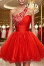 A Line One Shoulder Short Mini Tulle Homecoming Dresses With Sequin