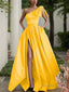 A Line One Shoulder Sweep Train Satin Prom Dresses With Leg Slit