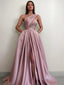 A Line One Shoulder Sweep Train Satin Prom Dresses With Pockets
