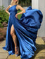 A Line One Shoulder Sweep Train Silk like Satin Prom Dresses With Leg Slit