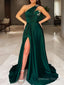 A Line One Shoulder Sweep Train Silk like Satin Prom Dresses With Leg Slit