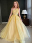 A Line One Shoulder Sweep Train Tulle Prom Dresses With Appliques Lace