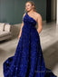 A Line One Shoulder Sweep Train Velvet Sequins Prom Dresses With Pockets