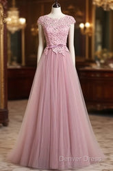 A-Line/Princess Sash Tulle Floor-Length Lace Prom Dresses