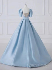 A-Line Princess Satin Blue Long Prom Dresses Quinceanera Dresses Elegant Evening Dresses