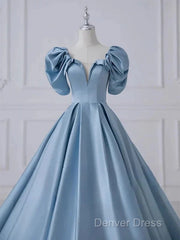 A-Line Princess Satin Blue Long Prom Dresses Quinceanera Dresses Elegant Evening Dresses