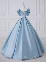 A-Line Princess Satin Blue Long Prom Dresses Quinceanera Dresses Elegant Evening Dresses