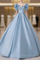 A-Line Princess Satin Blue Long Prom Dresses Quinceanera Dresses Elegant Evening Dresses