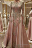 A Line Scoop Floor Length Tulle Prom Dresses With Appliques Lace