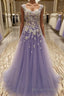 A Line Scoop Floor Length Tulle Prom Dresses With Appliques Lace