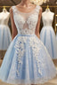 A Line Scoop Short Mini Tulle Homecoming Dresses With Appliques Lace
