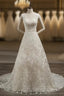 A Line Scoop Sleeveless Tulle Applique Covered Button Court Train Wedding Dresses