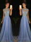A Line Scoop Sweep Train Chiffon Prom Dresses With Appliques Lace