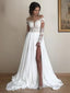 A Line Scoop Sweep Train Chiffon Wedding Dresses With Leg Slit