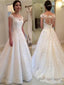 A Line Scoop Sweep Train Tulle Wedding Dresses With Appliques Lace