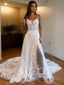 A Line Spaghetti Straps Chapel Train Tulle Wedding Dresses With Leg Slit