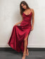 A Line Spaghetti Straps Floor Length NS Elastic Woven Satin Prom Dresses With Leg Slit