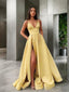 A Line Spaghetti Straps Floor Length Satin Prom Dresses With Leg Slit