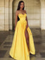 A Line Spaghetti Straps Floor Length Satin Prom Dresses With Leg Slit