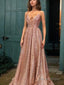 A Line Spaghetti Straps Floor Length Sequins Prom Dresses With Ruffles