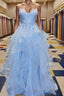 A Line Spaghetti Straps Floor Length Tulle Prom Dresses With Appliques Lace