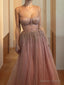 A Line Spaghetti Straps Floor Length Tulle Prom Dresses With Beading