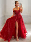 A Line Spaghetti Straps Sweep Train Prom Dresses With Leg Slit