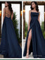 A Line Spaghetti Straps Sweep Train Satin Prom Dresses With Leg Slit