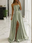 A Line Spaghetti Straps Sweep Train Silk like Satin Prom Dresses With Leg Slit