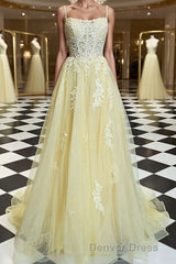 A-Line/Princess Spaghetti Straps Sweep Train Tulle Prom Dresses With Appliques Lace