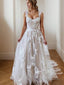 A Line Square Court Train Tulle Wedding Dresses with Appliques Lace