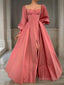 A Line Square Floor Length Satin Prom Dresses With Leg Slit