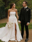 A Line Strapless Cathedral Train Stretch Crepe Wedding Dresses With Leg Slit