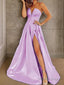 A Line Strapless Sweep Train Satin Prom Dresses With Leg Slit