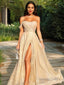 A Line Strapless Sweep Train Sequins Prom Dresses With Leg Slit