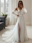 A Line Straps Court Train Tulle Wedding Dresses With Leg Slit
